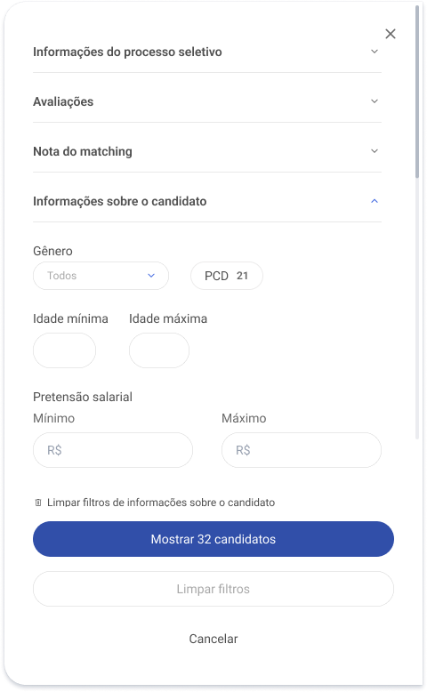 Novos filtros de idade e salário
